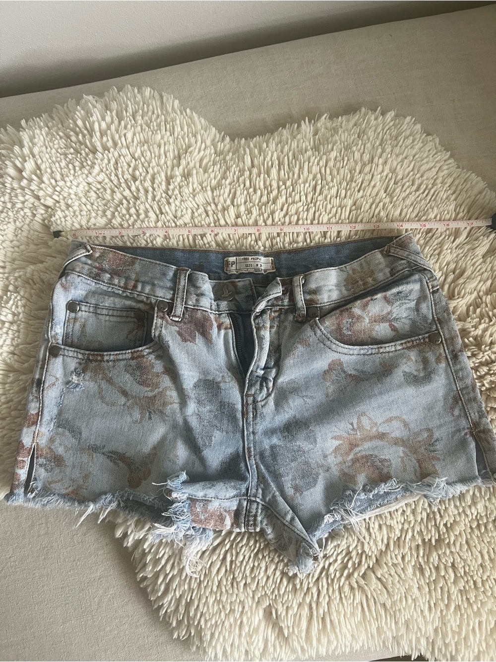 Free People Light Blue Floral Distressed Denim Shorts